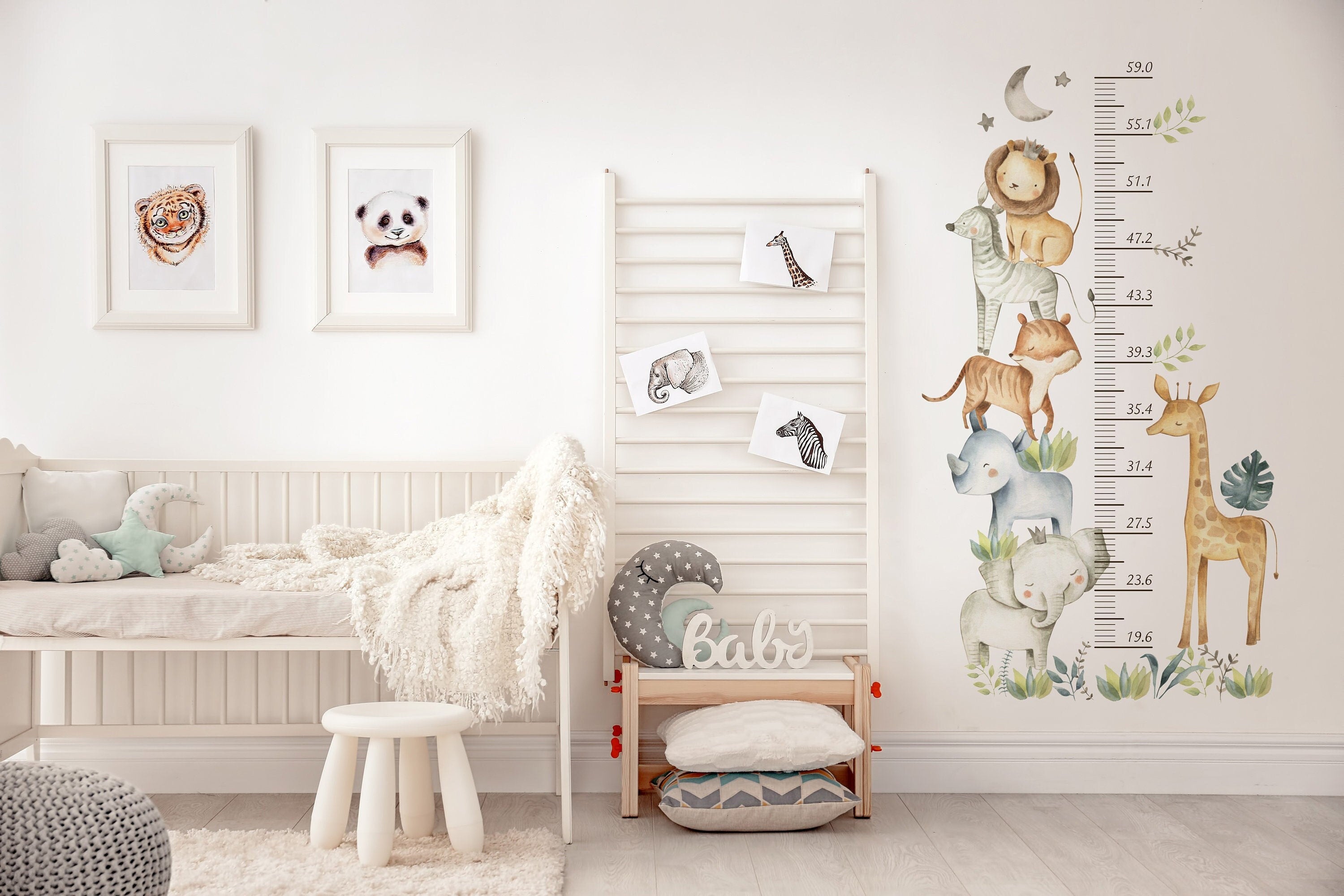 Cute Safari Animals Growth Chart Wall Decals | Jungle Ruler Wall Stickers | Nursery Self-Adhesive Wall Decor