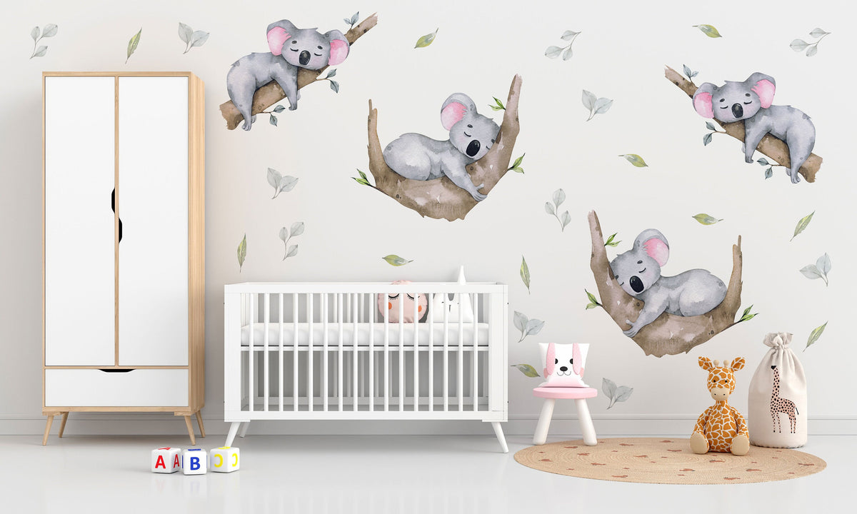 Sleeping Koala Wall Decals above a cot