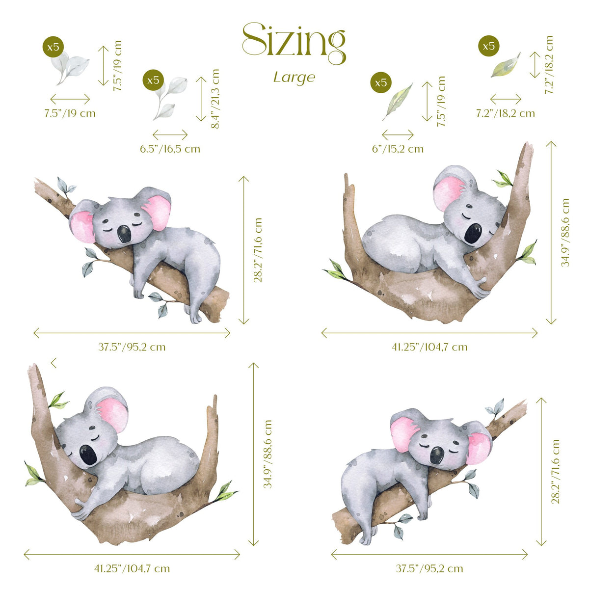 Sleeping Koala Wall Decals large set size guide