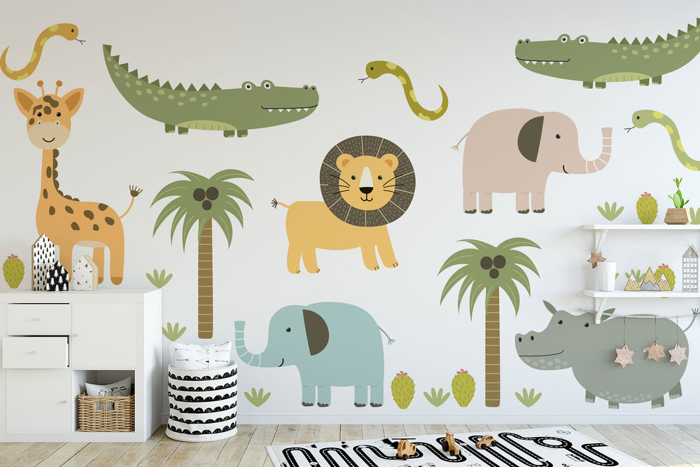 Cute Safari Animals Wall Decal for Kids | Removable Peel and Stick Wall Decals | African Animals Wall Stickers