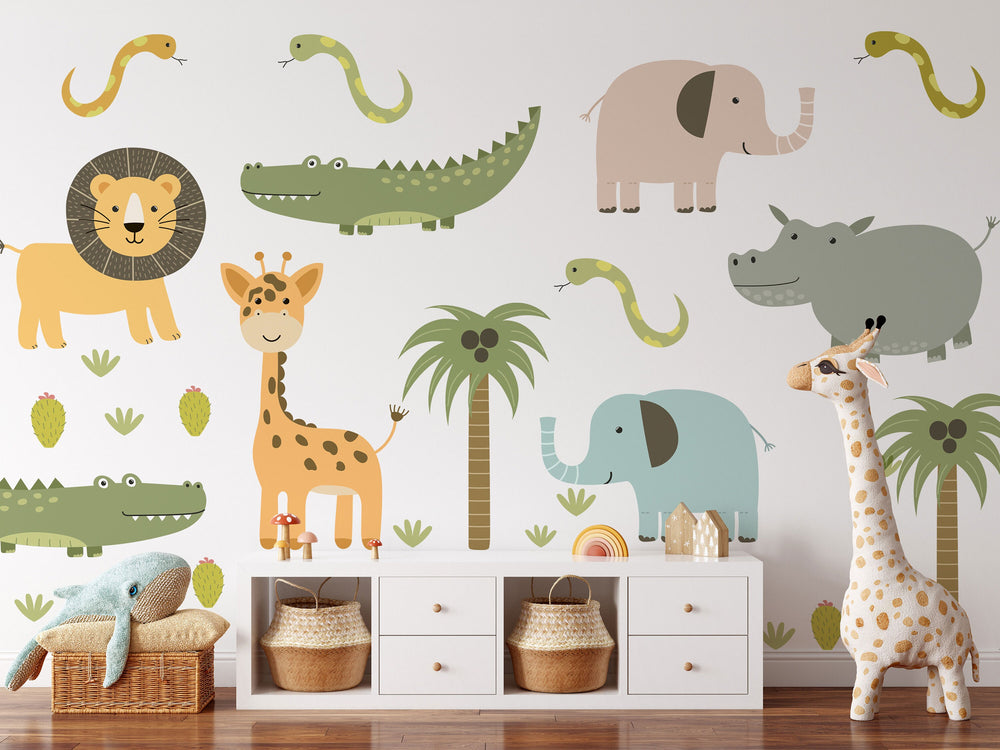 Cute Safari Animals Wall Decal for Kids | Removable Peel and Stick Wall Decals | African Animals Wall Stickers