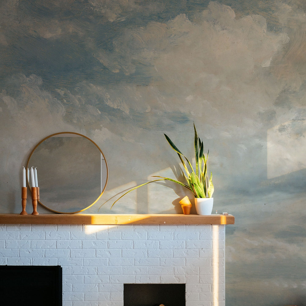 Light Blue Clouded Wall Mural in a room setting