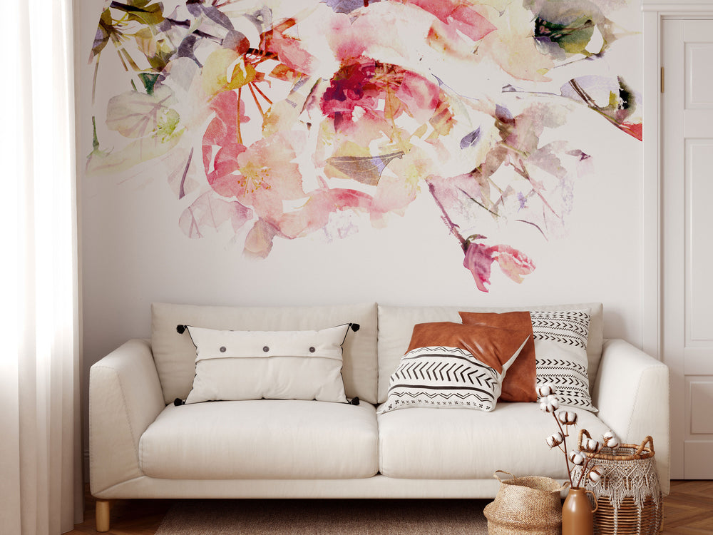 Spring Floral Removable Wallpaper | Watercolor Wall Mural | Peel and Stick Material | Flowers Art Print | Romantic Bedroom Decoration | Pink