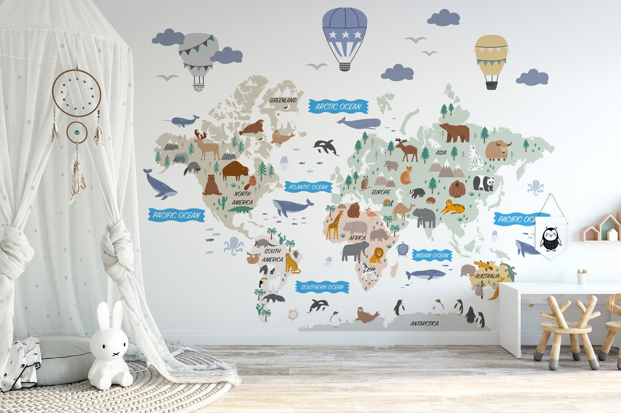 Animal World Map Decal - Informative Peel and Stick Map Decal