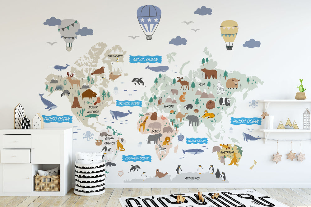 Animal World Map Decal - Informative Peel and Stick Map Decal