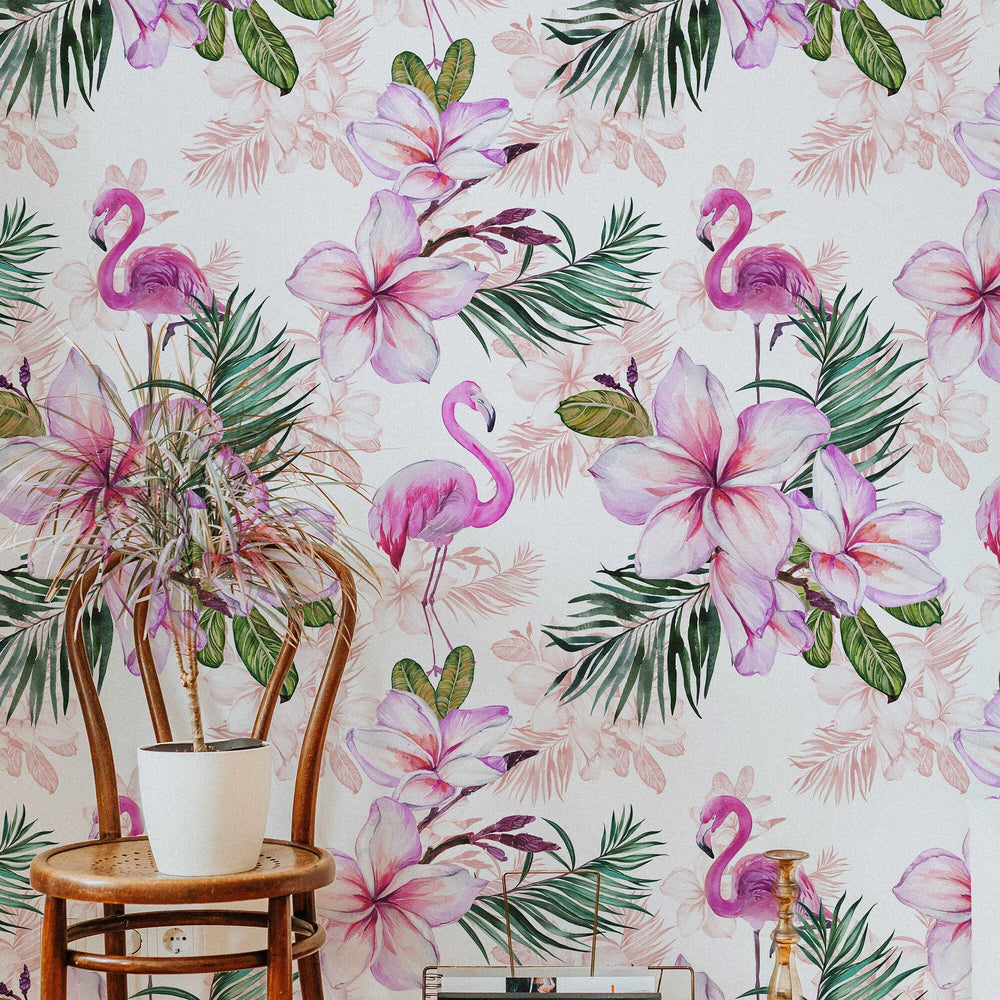 Pink Flamingo Floral Wallpaper in a room setting