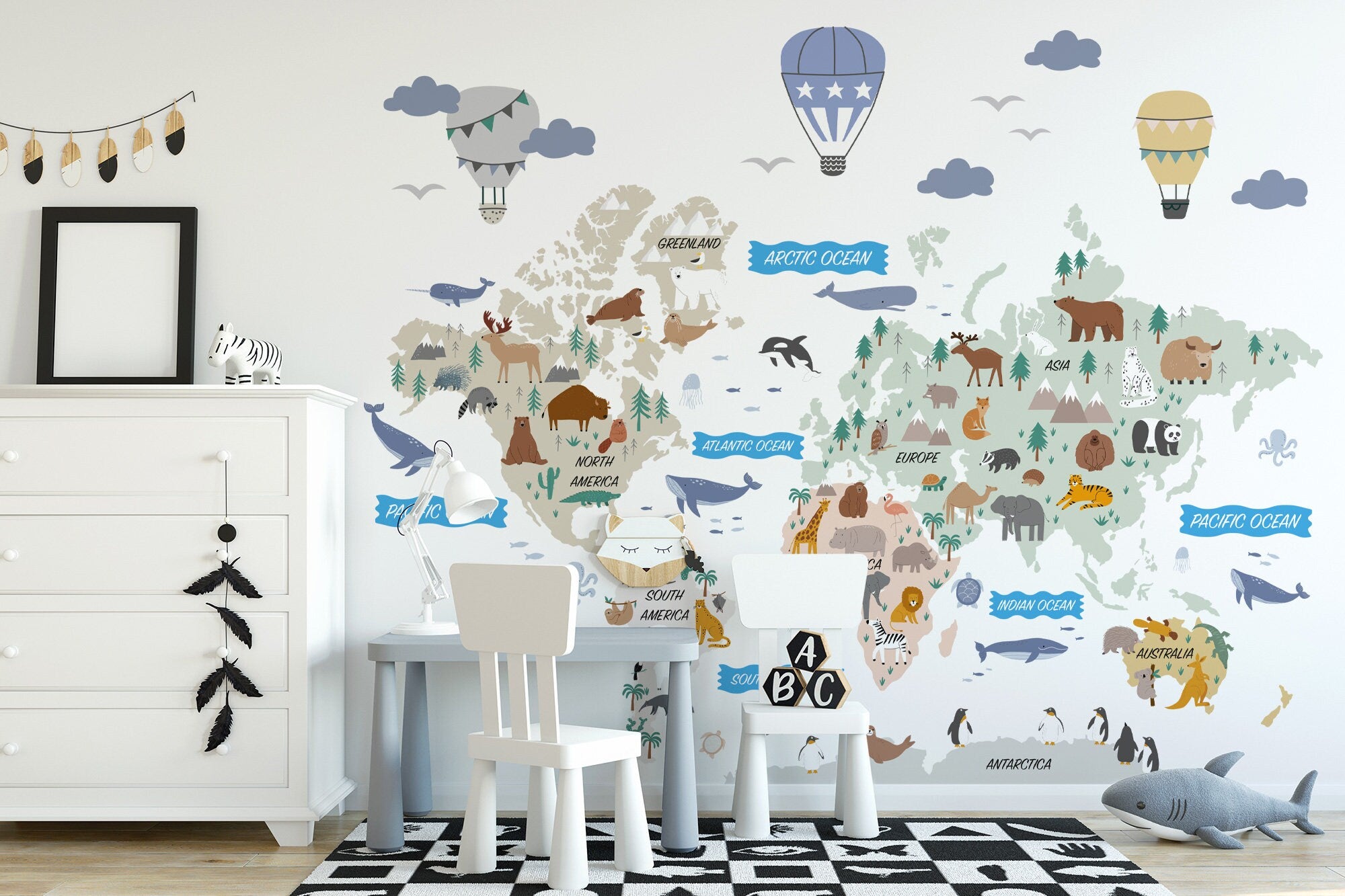 Animal World Map Decal - Informative Peel and Stick Map Decal