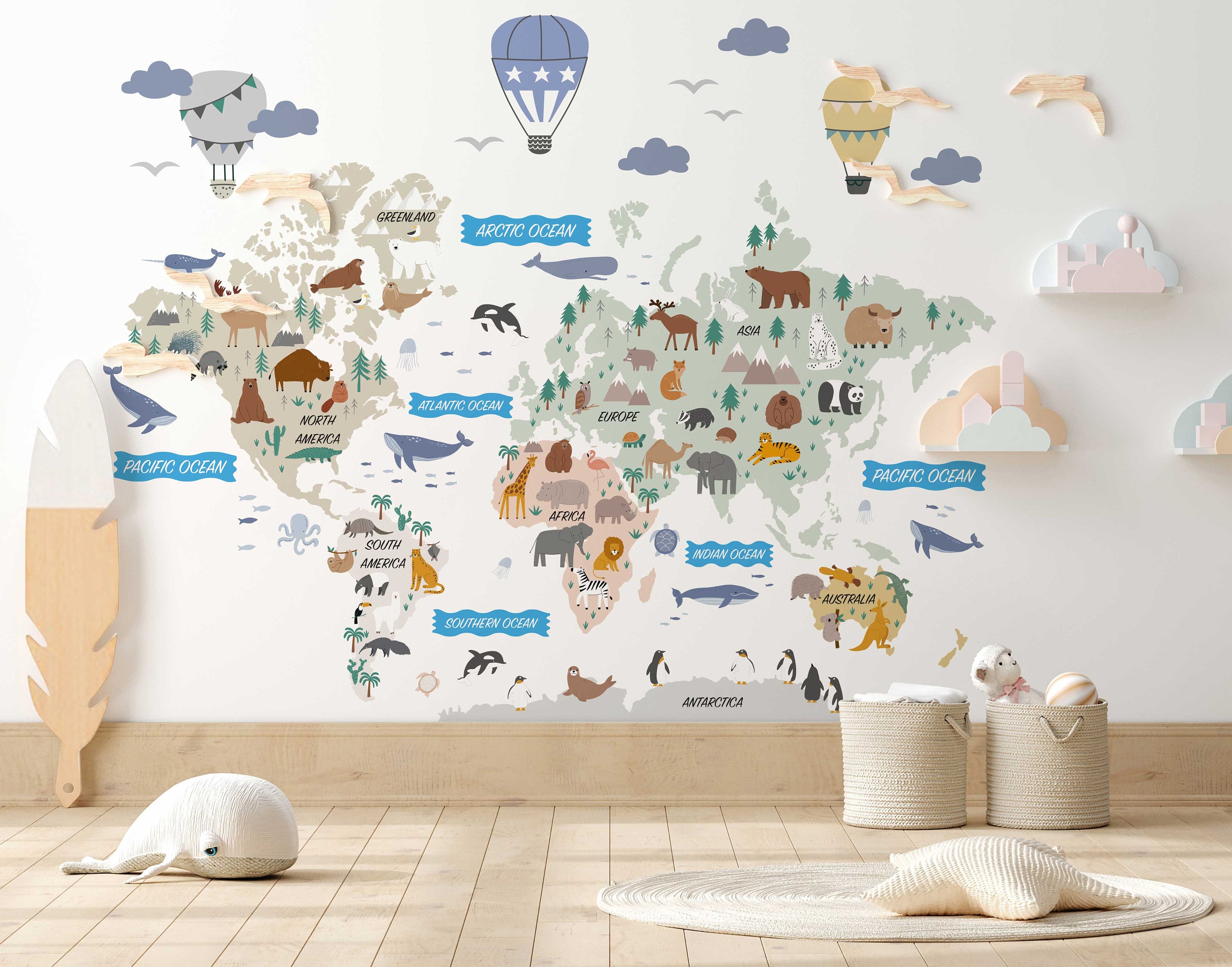 Animal World Map Decal - Informative Peel and Stick Map Decal