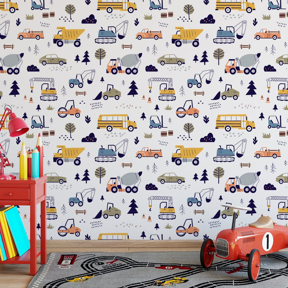 Cars and Trucks Nursery Wallpaper in a room setting