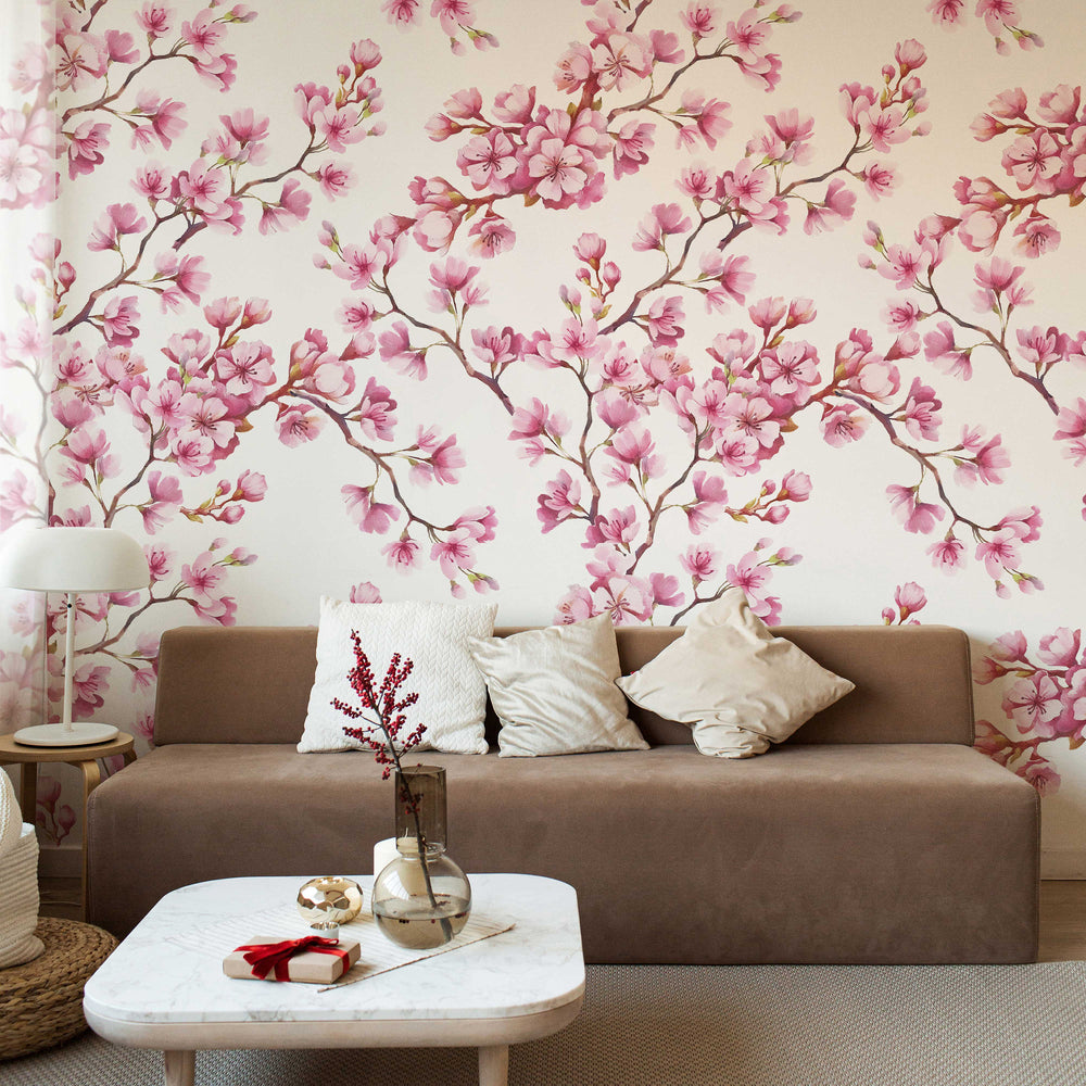 Cherry Blossom Mural | Japanese Sakura Flowers | Blooming in Spring Peel and Stick Wallpaper | Removable Wallpaper Watercolor