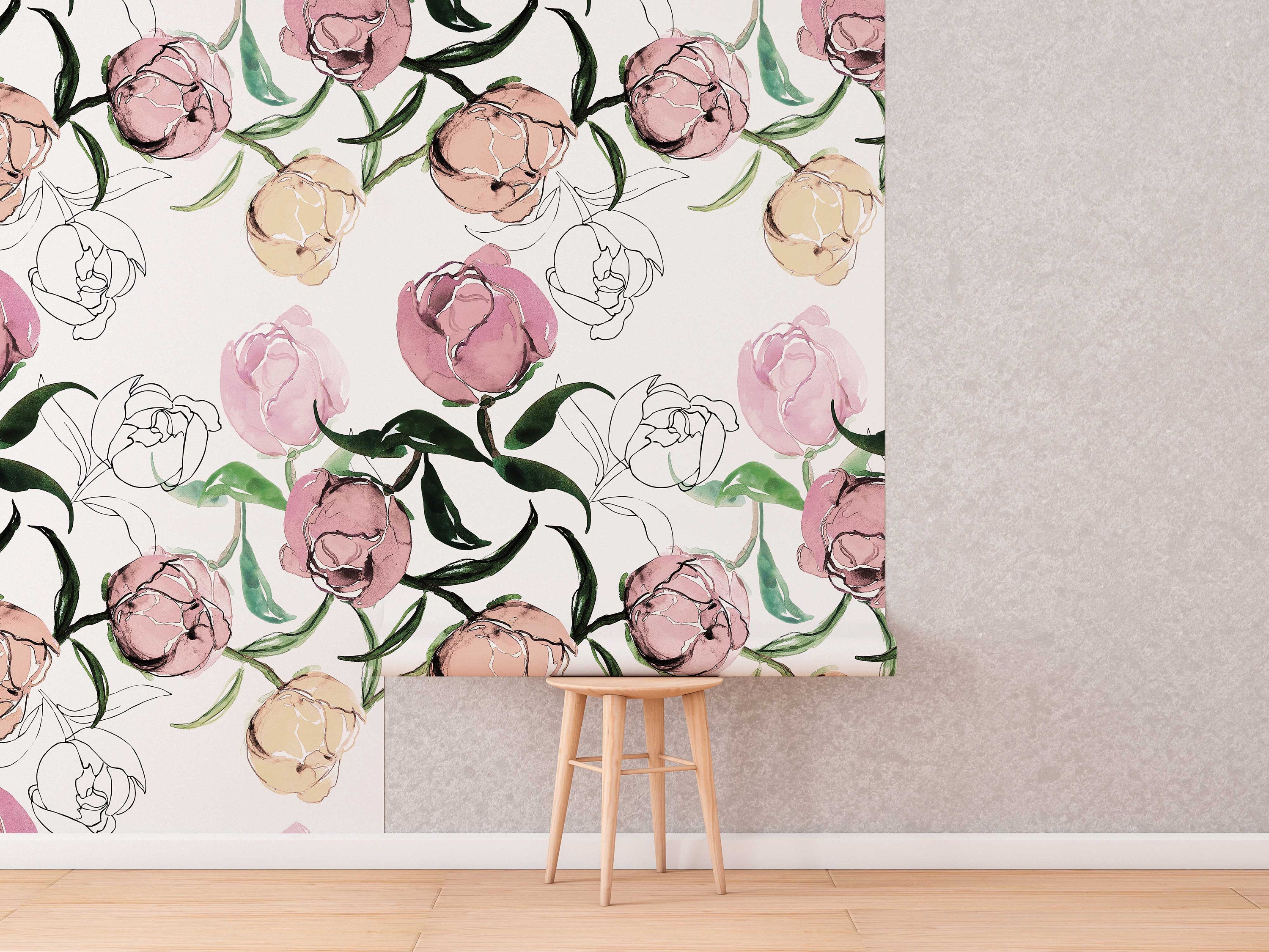 Blooming Peonies Wall Art | Removable Pale Wallpaper | Peony Blush Bouquet | Floral Wall Mural | Painting Wall Sticker | Floral Decal Flower