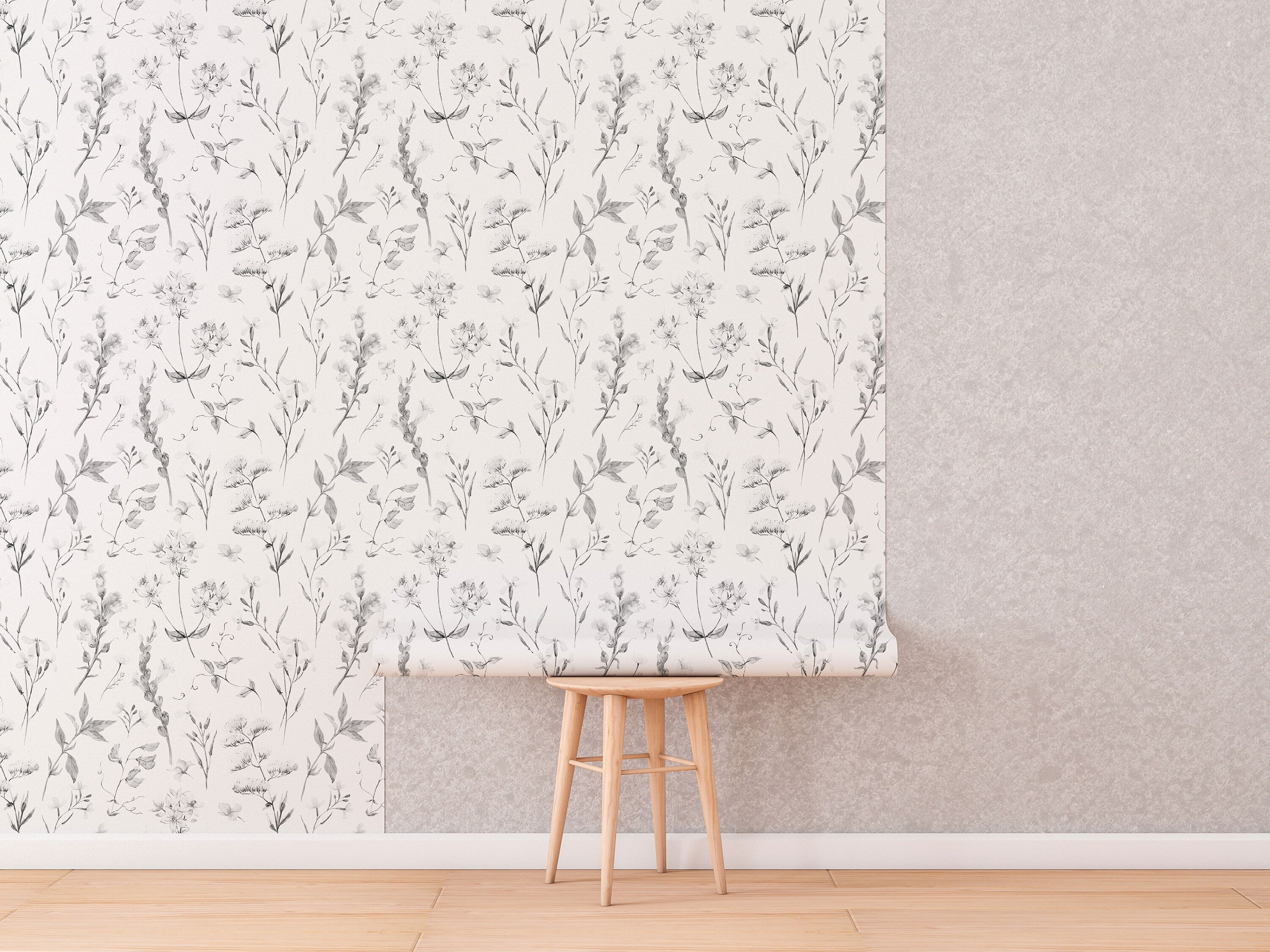 Delicate Wildflowers Wallpaper | Soft Shades of Grey Floral Pattern Peel and Stick Removable Wallpaper All Rooms | Self Adhesive Mural