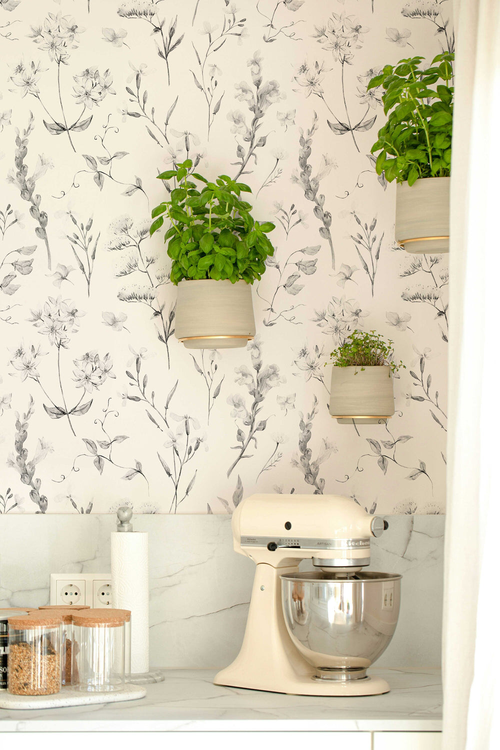 Delicate Wildflowers Wallpaper | Soft Shades of Grey Floral Pattern Peel and Stick Removable Wallpaper All Rooms | Self Adhesive Mural