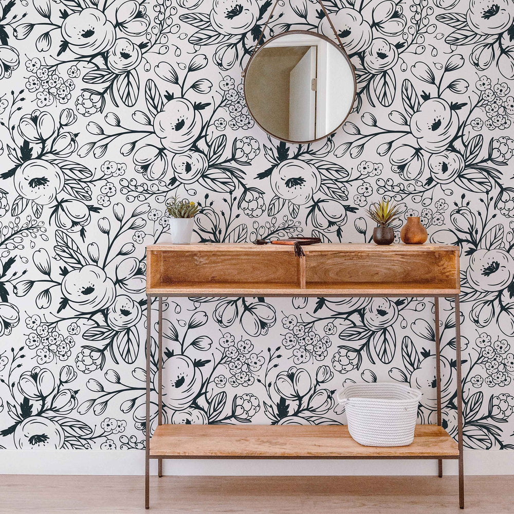 Black and White Spring Floral Wallpaper in a room setting