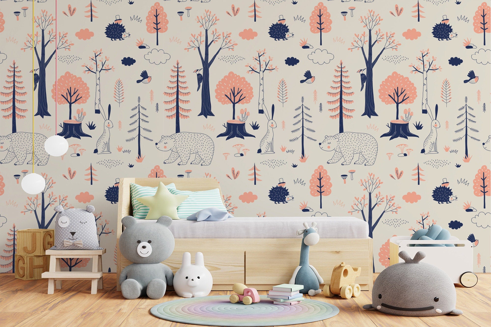 Woodland Animals Wallpaper Kids Room | Forest Nursery Wall Mural Removable | Rabbit Wallpaper Watercolor Peel and Stick Wall Decor Nursery - Clickwalls