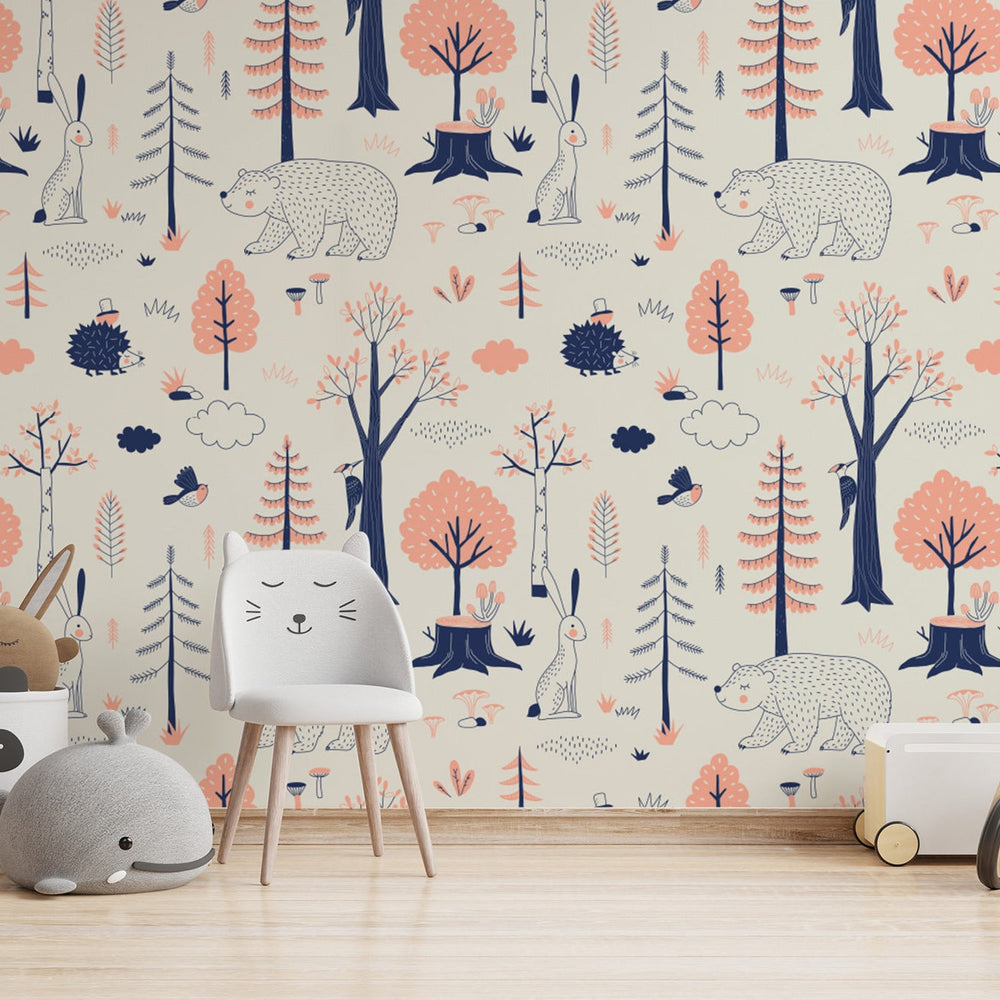 Woodland Animals Kids Room Wallpaper in a room setting