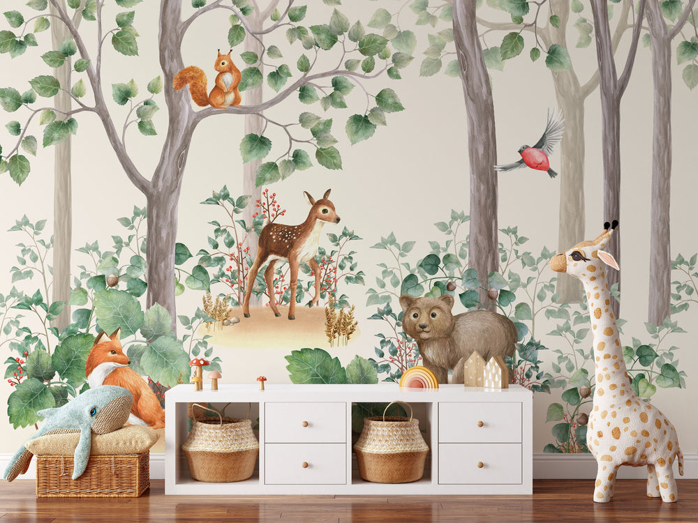 Kids Wallpaper Peel and Stick | Kids Watercolor Forest Wall Mural - Clickwalls