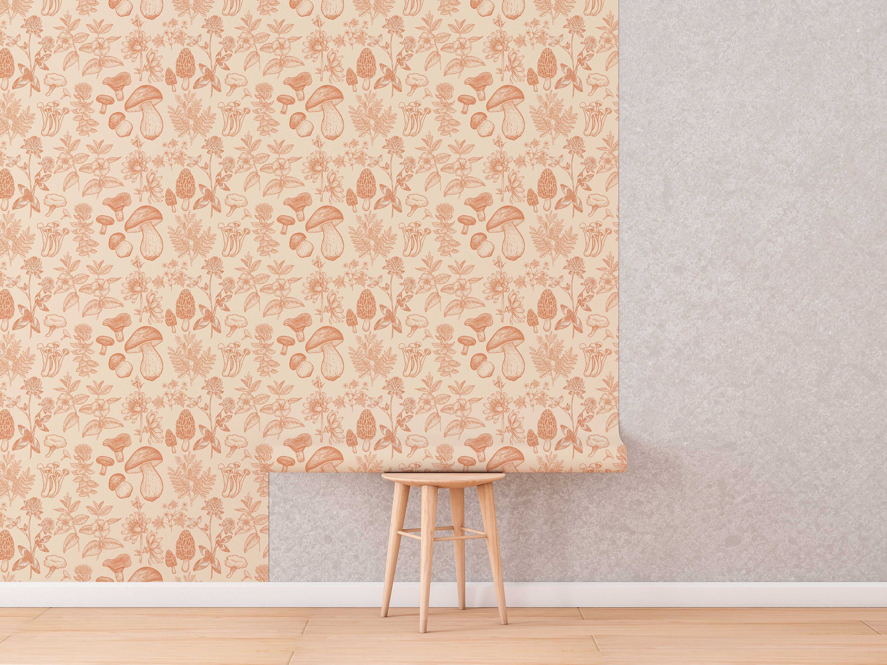Mushroom Wallpaper | Orange Wallpaper | Mid Century Modern Wallpaper | Kids Mushroom Peel and Stick Wallpaper | Vintage Wallpaper - Clickwalls
