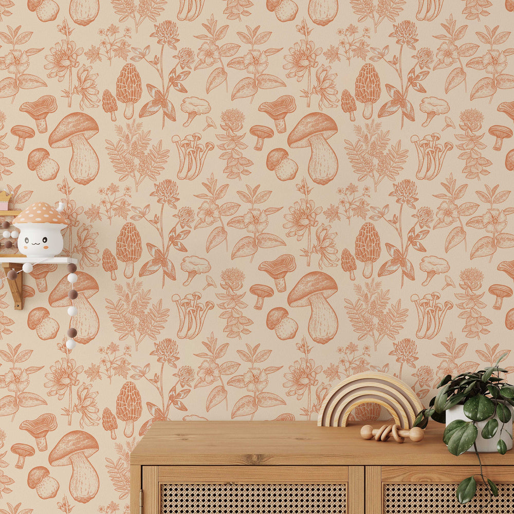 Mushroom Wallpaper | Orange Wallpaper | Mid Century Modern Wallpaper | Kids Mushroom Peel and Stick Wallpaper | Vintage Wallpaper - Clickwalls