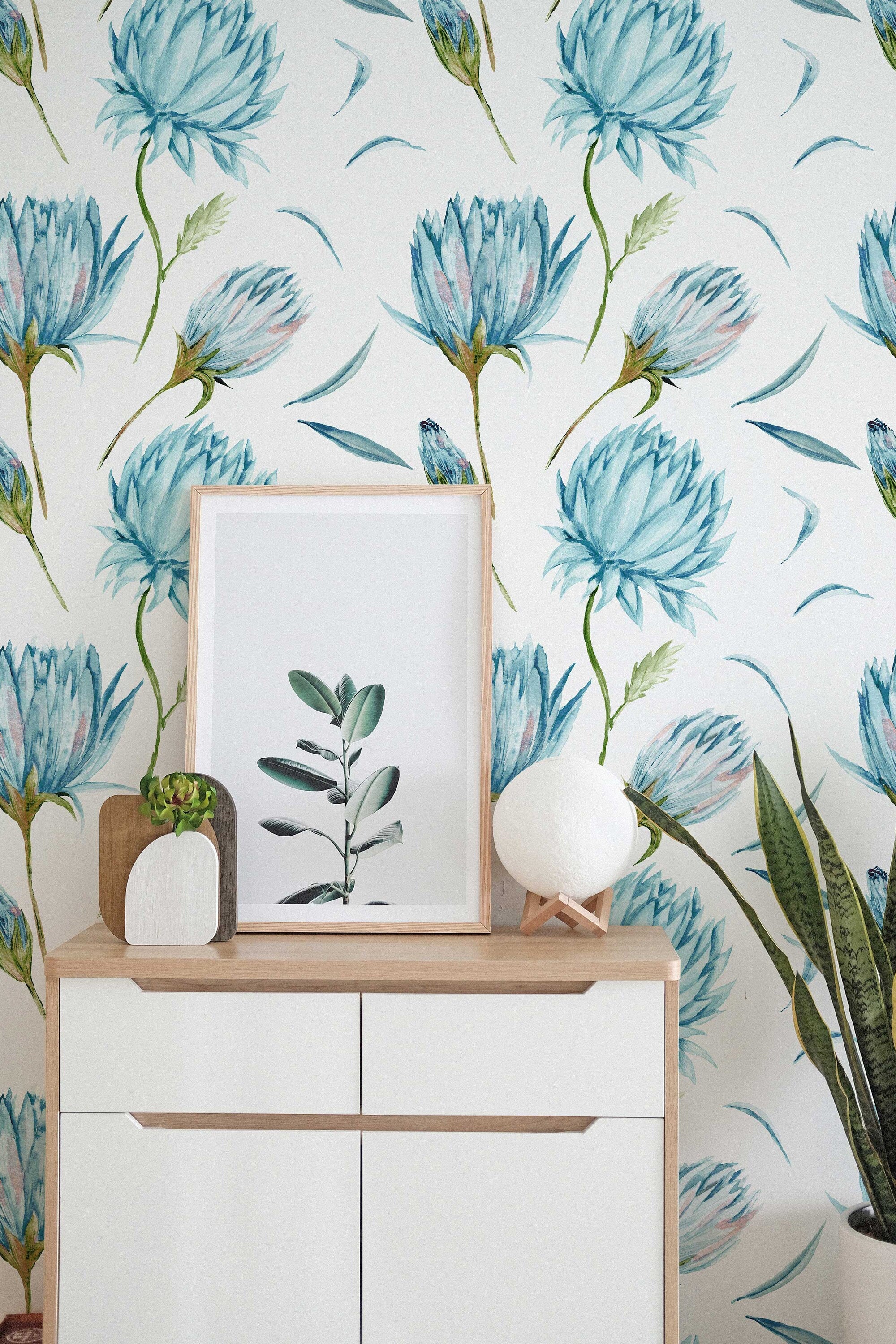 Blue Flowers Wallpaper | Green Leaves Nature Wall Art | Removable Wallpaper | Peel and Stick Wallpaper | Light Wallpaper | Home Decor