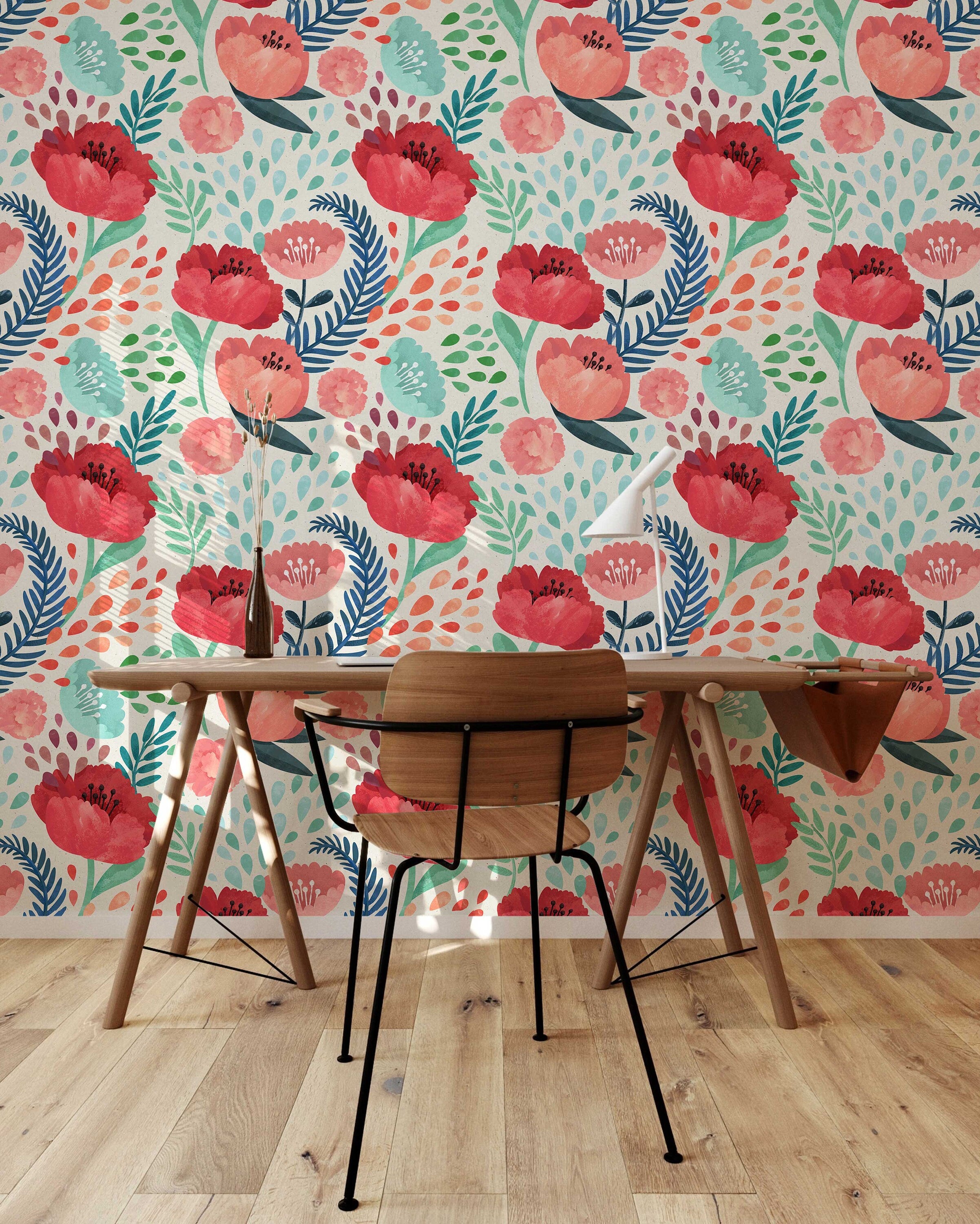 Red Poppy Flowers Wallpaper, Peel and Stick Wallpaper, Wall Mural, Self Adhesive Wallpaper, Pre-Pasted, Wall Art, Nursery Decor, Floral Wall - Clickwalls