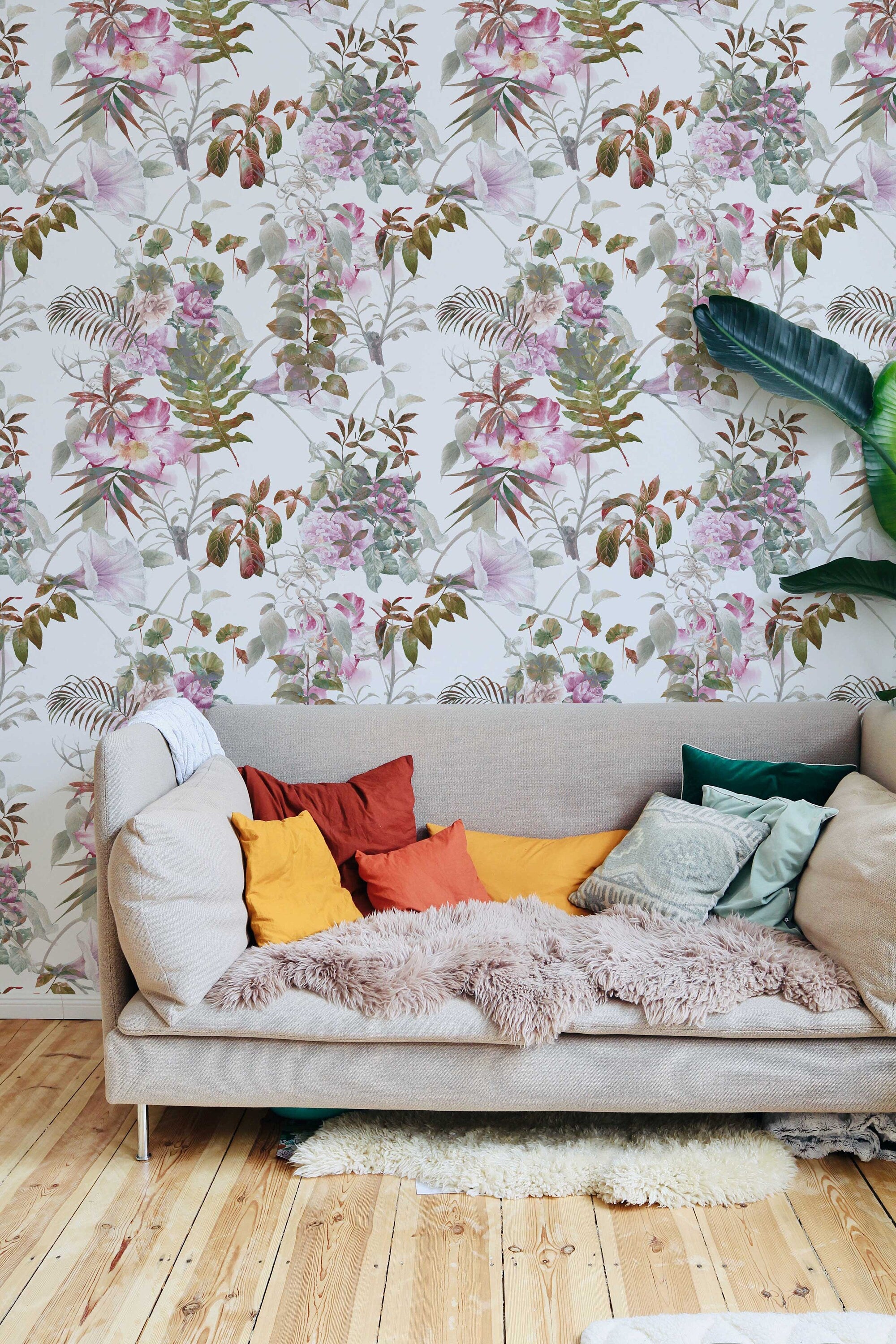 Bright Tropical Wallpaper | Self Adhesive Removable and Regular Wallpaper | Flamingo Wall Mural | Tropical Print Wallpaper - Clickwalls