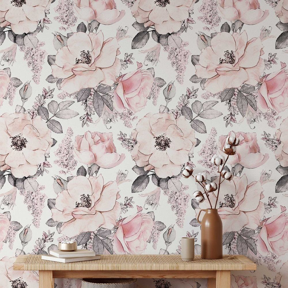 Soft Pink Abstract Roses Wallpaper in a room setting
