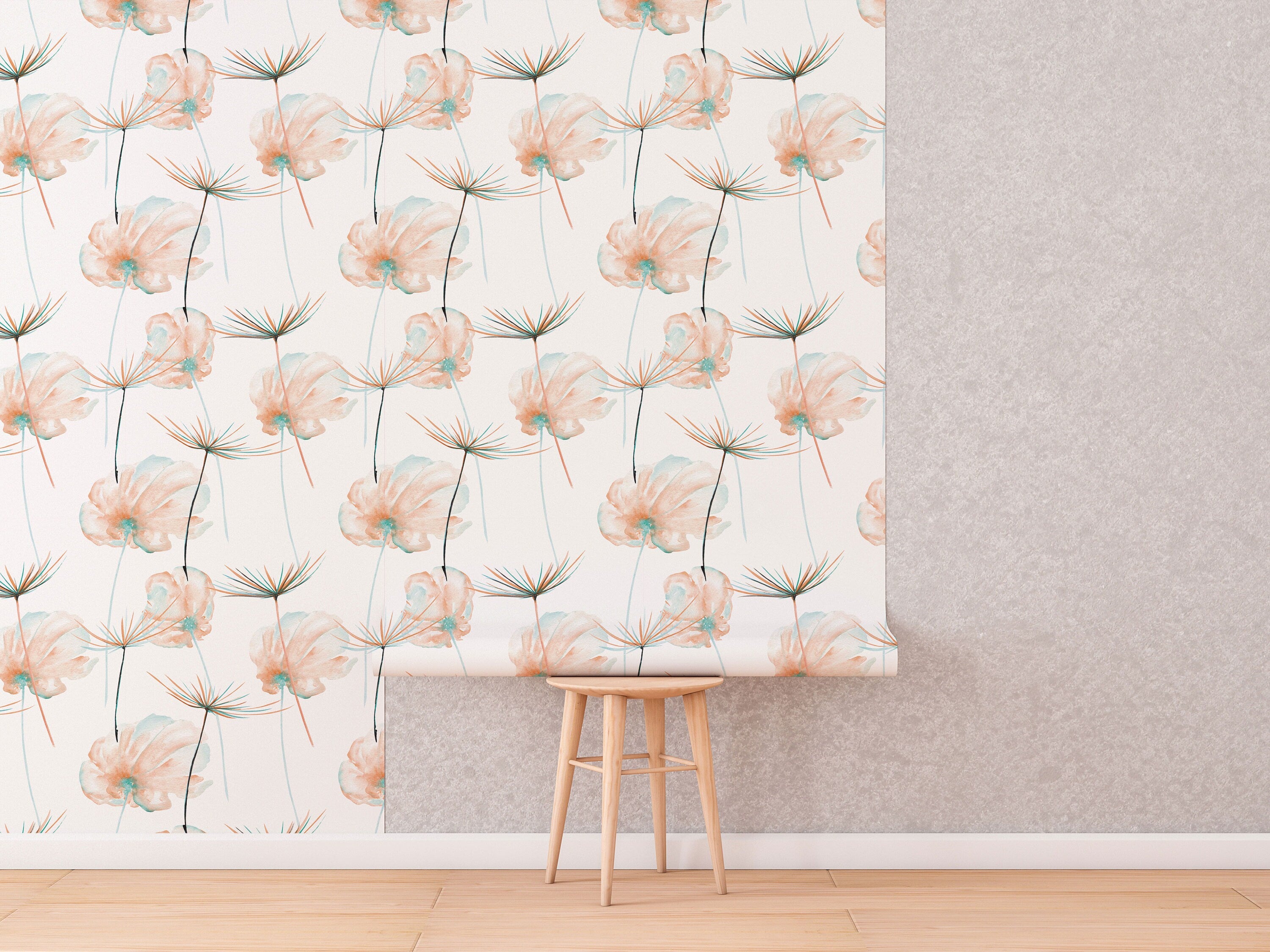 Dandelion Flowers Wallpaper | Custom Color Teal Floral Pattern | Peel and Stick Removable Wallpaper For All Rooms | Self Adhesive Mural