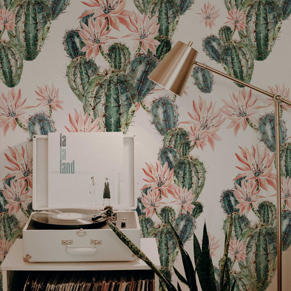 Watercolour Cactus Flowers Wallpaper in a room setting