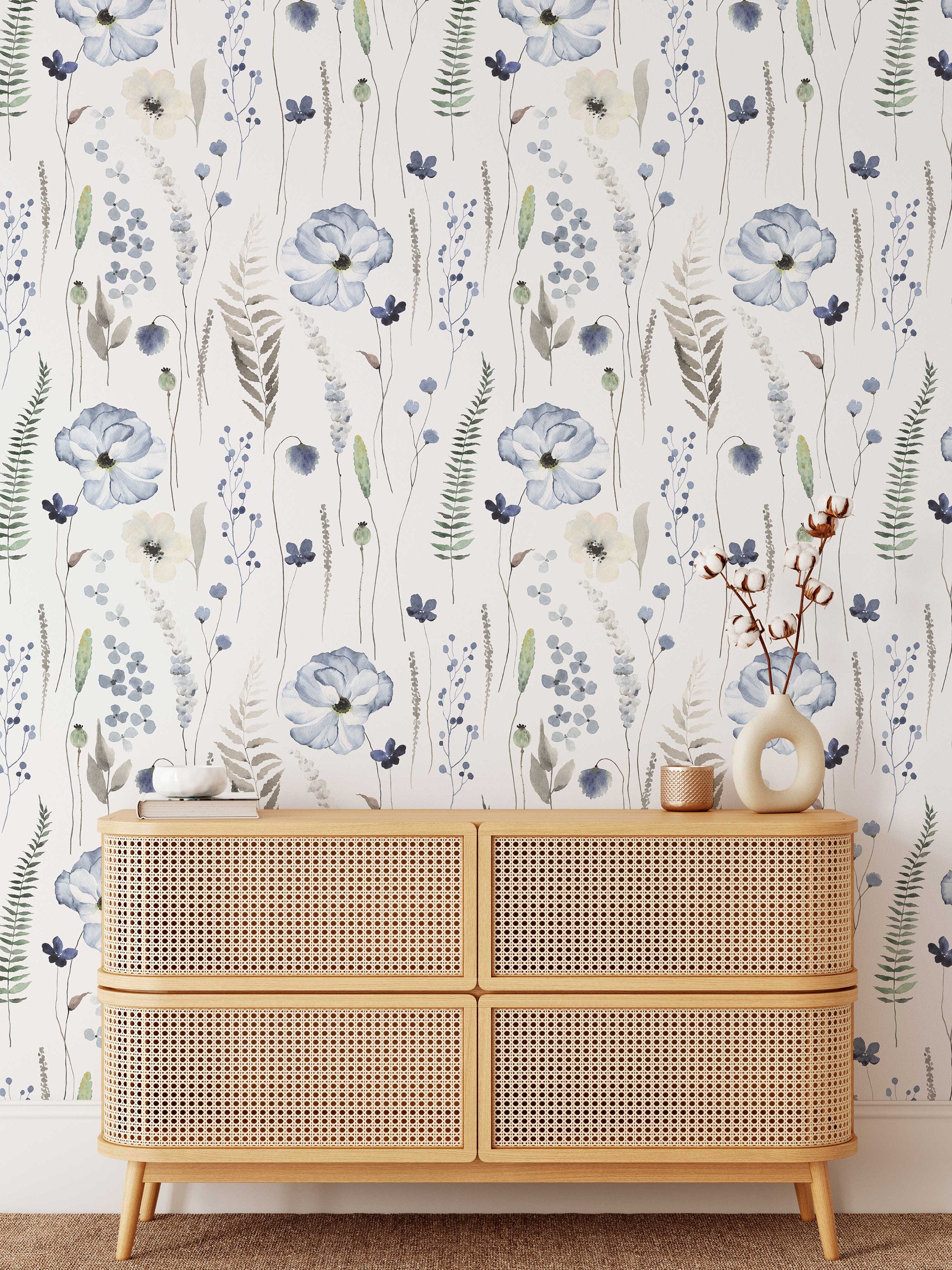 Blue Floral | Whispering Steal Blue Floral Wallpaper | Removable Peel & Stick Self-Adhesive Wallpaper