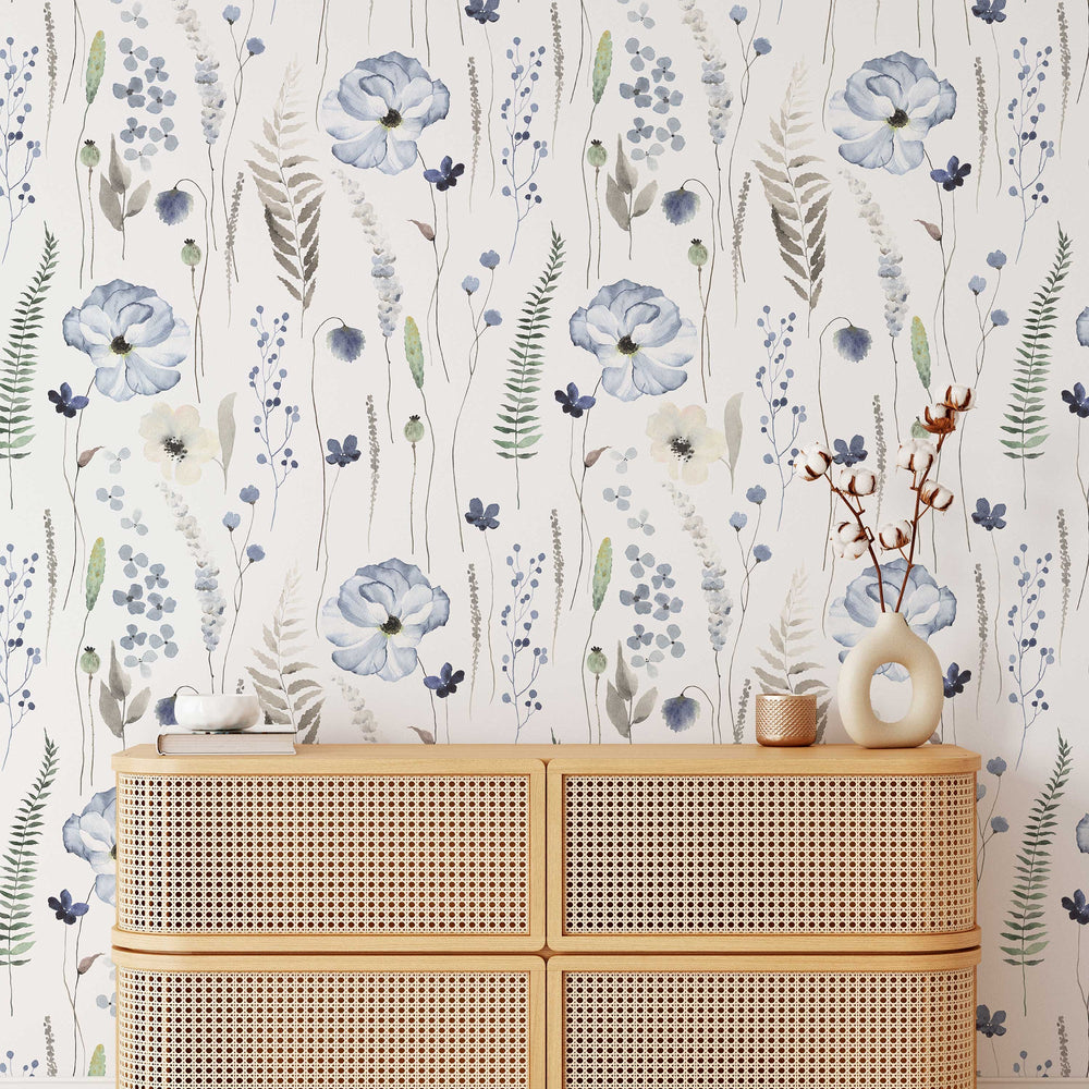 Whispering Steel Blue Floral Wallpaper in a room setting