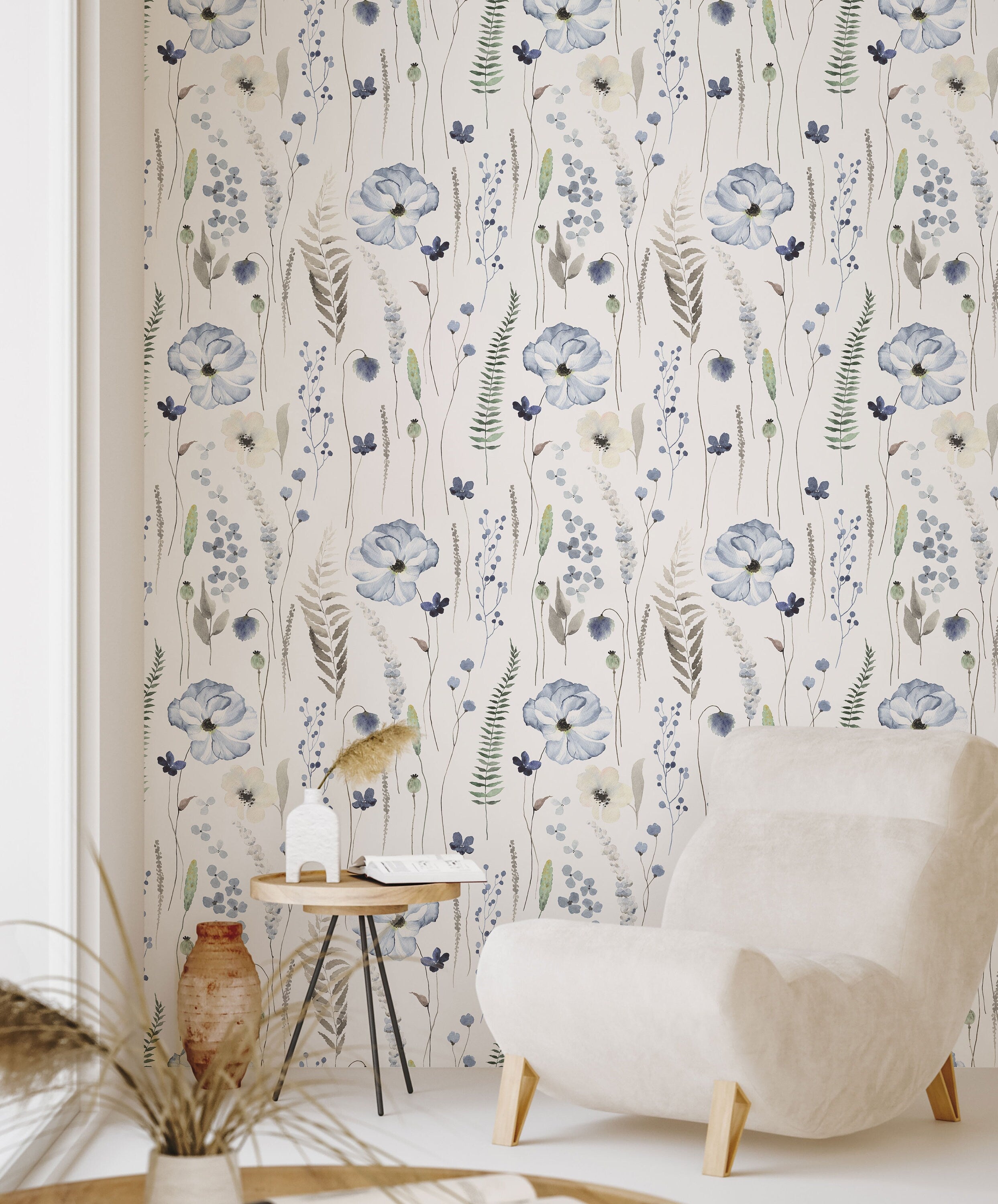 Blue Floral | Whispering Steal Blue Floral Wallpaper | Removable Peel & Stick Self-Adhesive Wallpaper