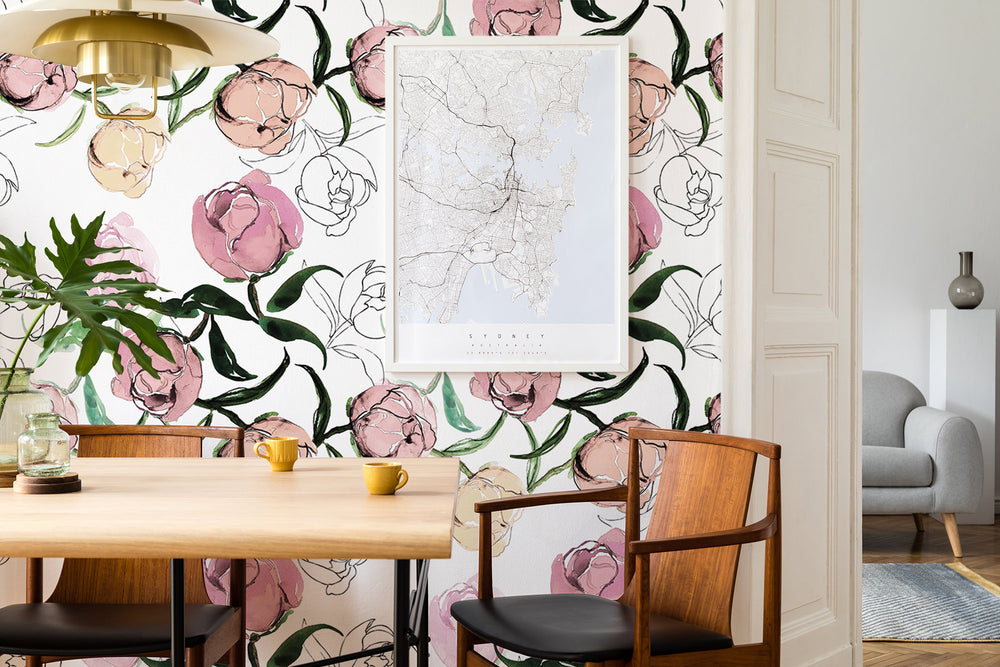 Blooming Peonies Wall Art | Removable Pale Wallpaper | Peony Blush Bouquet | Floral Wall Mural | Painting Wall Sticker | Floral Decal Flower