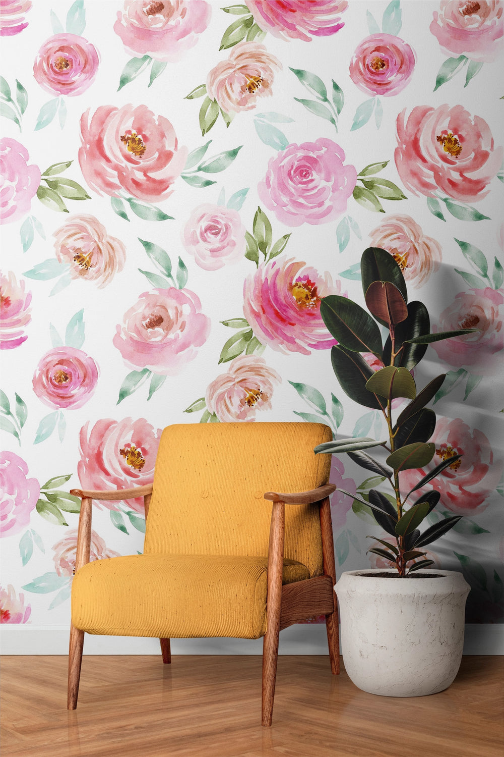 Soft Pink Roses Wallpaper | Floral Wallpaper Peel and Stick | Removable Wallpaper | Watercolor Wallpaper | Flower Wallpaper Mural