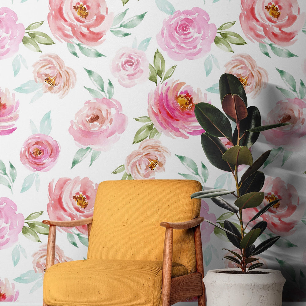 Soft Pink Roses Wallpaper in a room setting