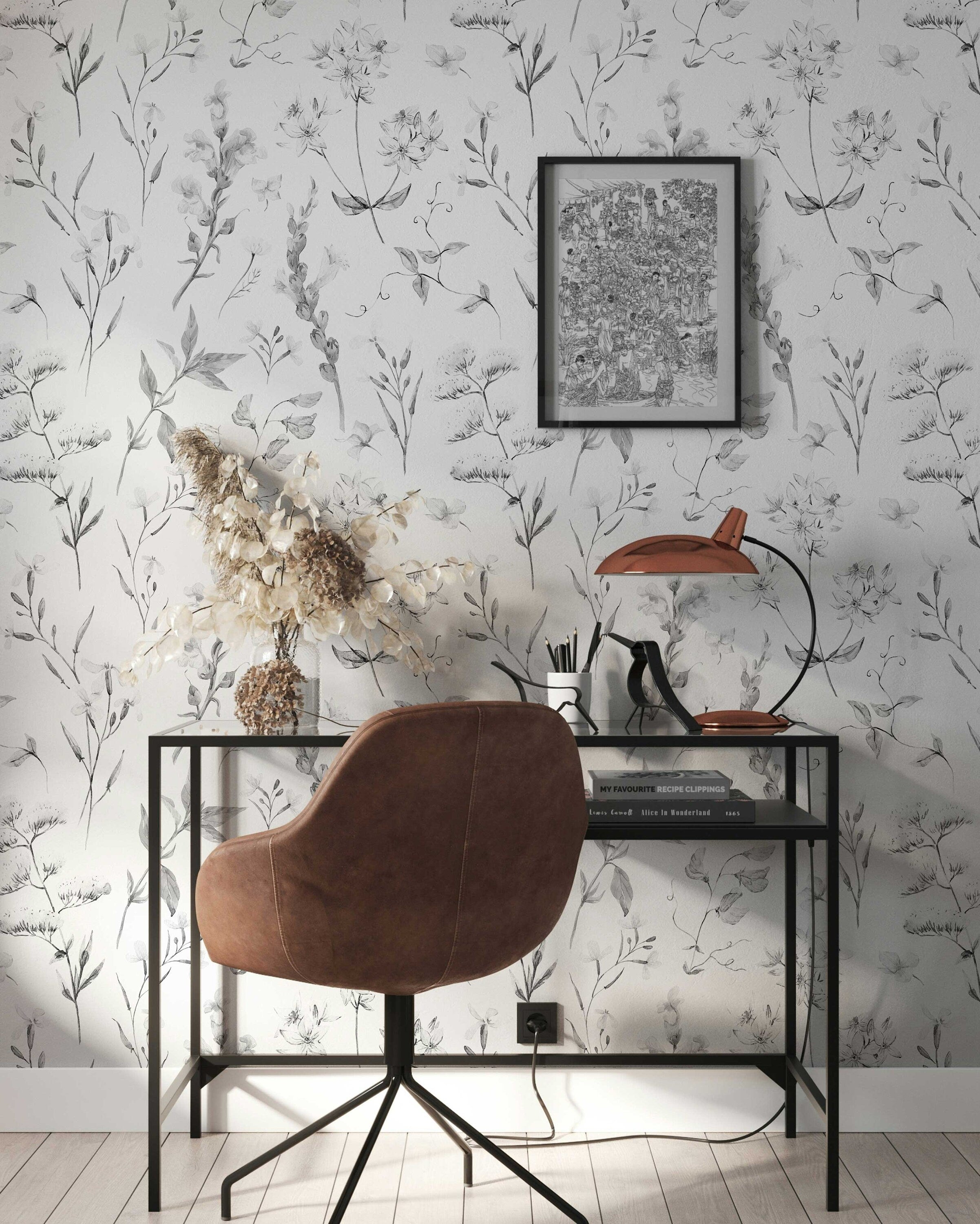 Delicate Wildflowers Wallpaper | Soft Shades of Grey Floral Pattern Peel and Stick Removable Wallpaper All Rooms | Self Adhesive Mural