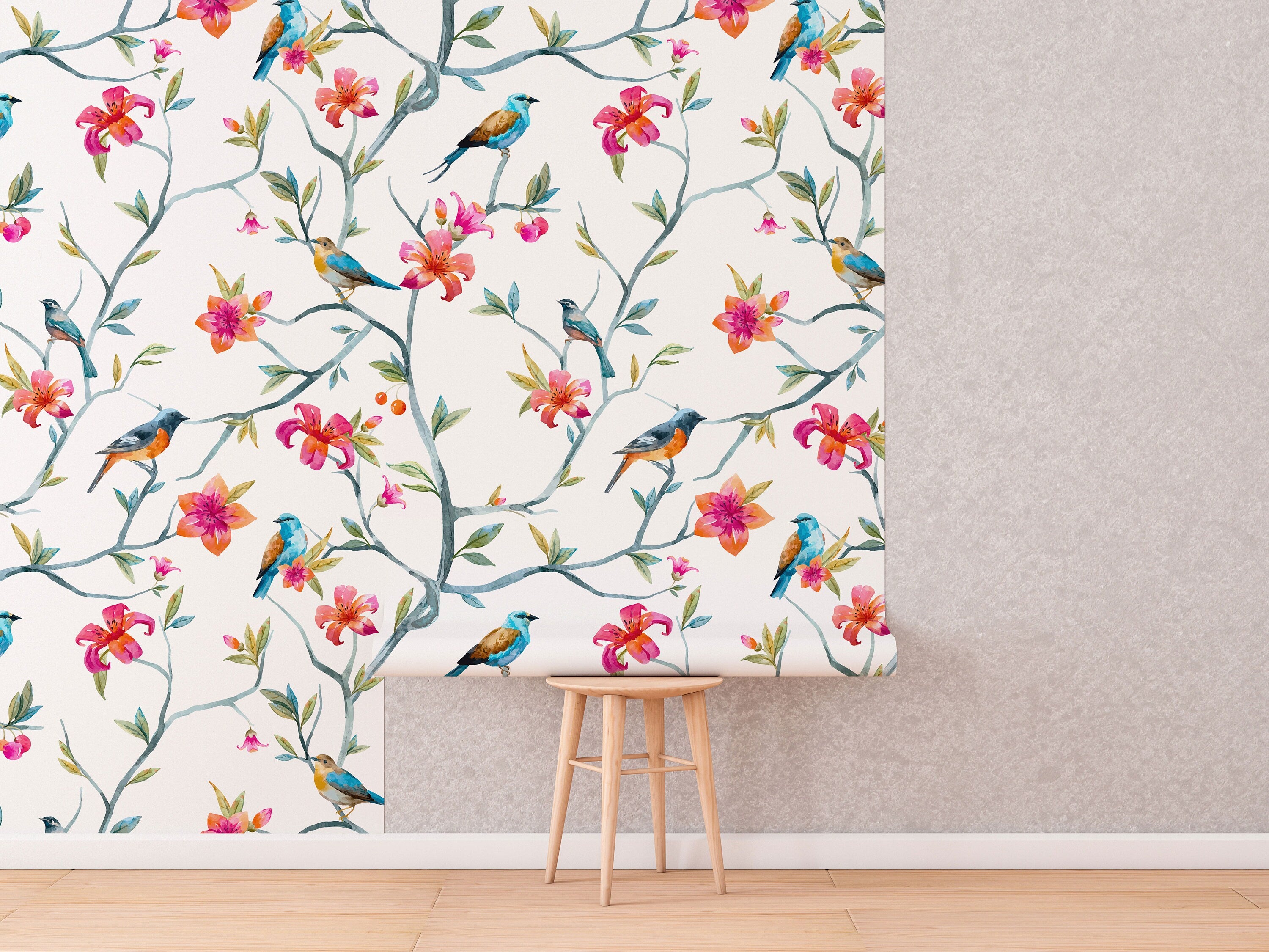 Floral Hummingbird Peel and Stick Wallpaper | Floral Wallpaper | Hummingbird Wallpaper | Vintage Look Wallpaper | Floral Home Decor - Clickwalls