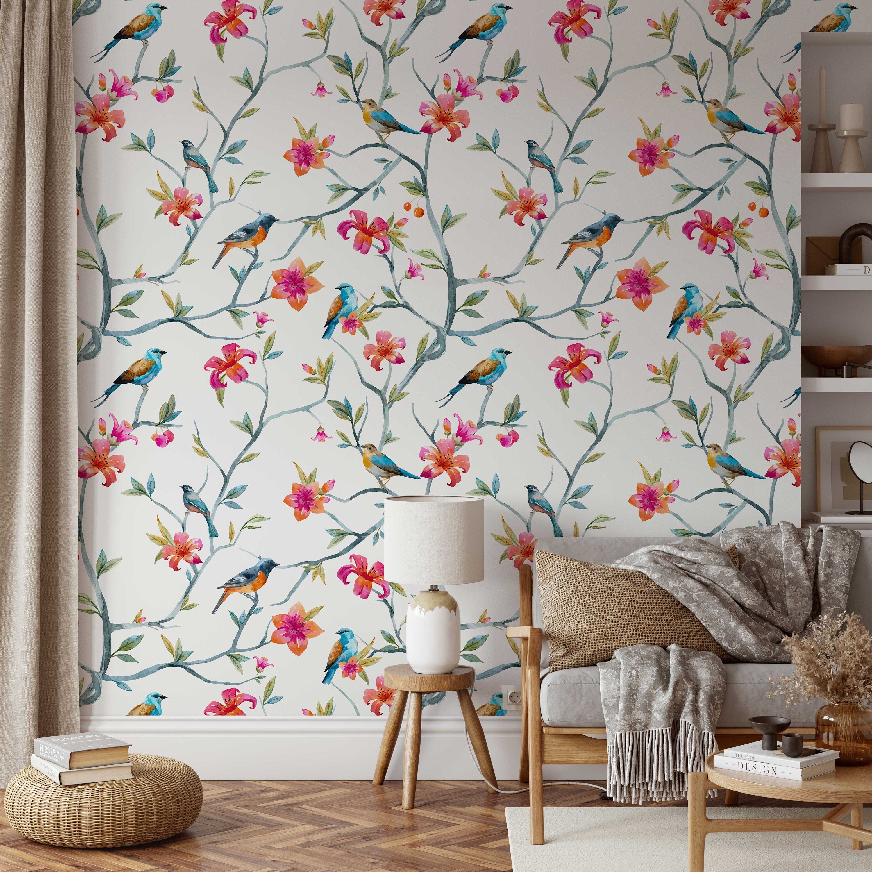 Floral Hummingbird Peel and Stick Wallpaper | Floral Wallpaper | Hummingbird Wallpaper | Vintage Look Wallpaper | Floral Home Decor - Clickwalls
