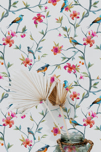Floral Hummingbird Peel and Stick Wallpaper | Floral Wallpaper | Hummingbird Wallpaper | Vintage Look Wallpaper | Floral Home Decor - Clickwalls