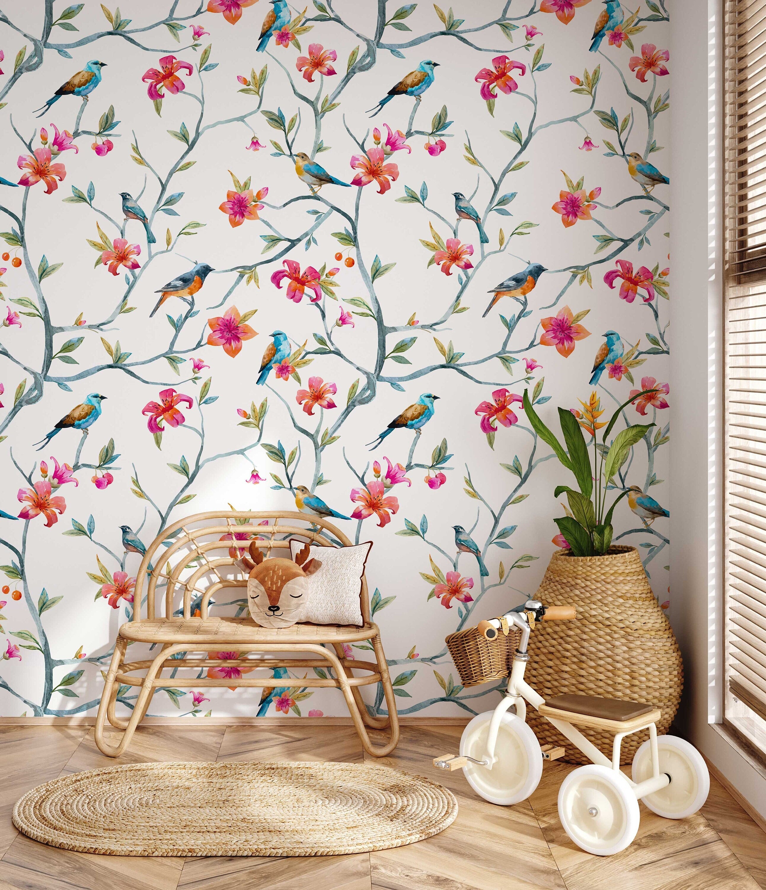 Floral Hummingbird Peel and Stick Wallpaper | Floral Wallpaper | Hummingbird Wallpaper | Vintage Look Wallpaper | Floral Home Decor - Clickwalls