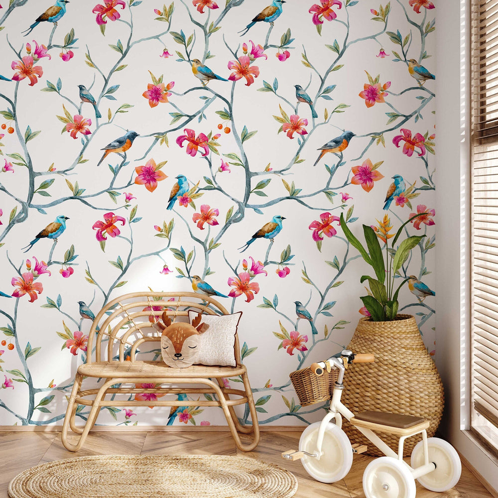 Floral Hummingbird Wallpaper in a room setting