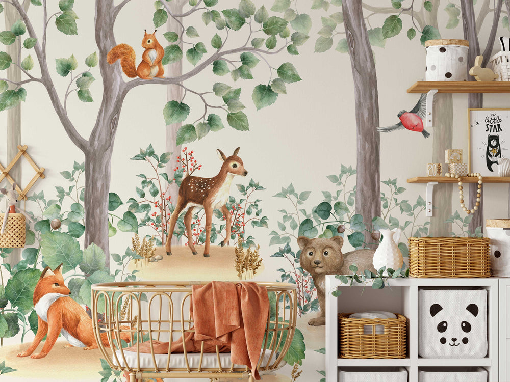 Kids Wallpaper Peel and Stick | Kids Watercolor Forest Wall Mural - Clickwalls