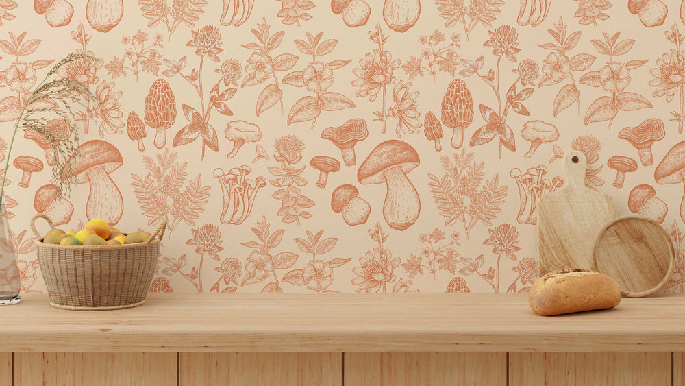 Mushroom Wallpaper | Orange Wallpaper | Mid Century Modern Wallpaper | Kids Mushroom Peel and Stick Wallpaper | Vintage Wallpaper - Clickwalls
