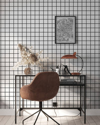 Black and White Grid Wallpaper behind a desk