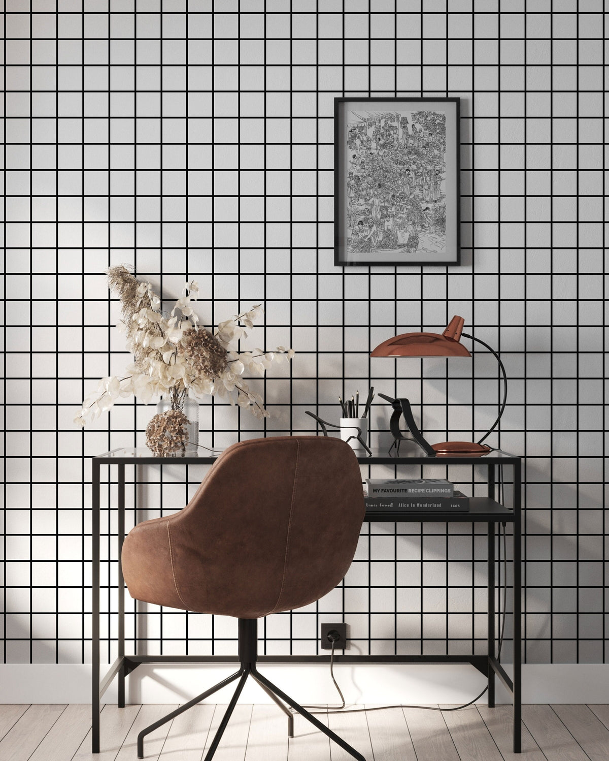Black and White Grid Wallpaper behind a desk