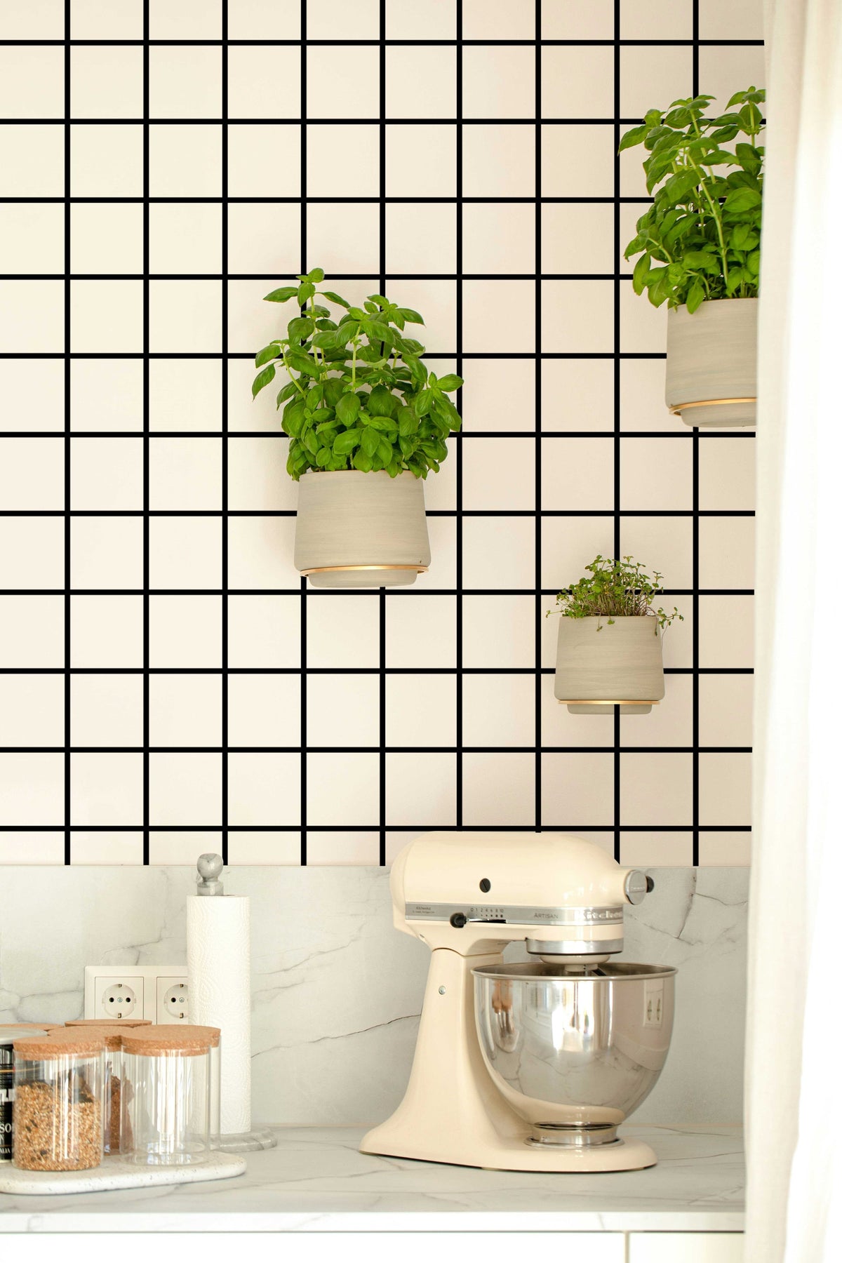 Black and White Grid Wallpaper in a kitchen