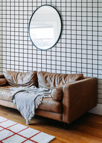 Black and White Grid Wallpaper in a living room