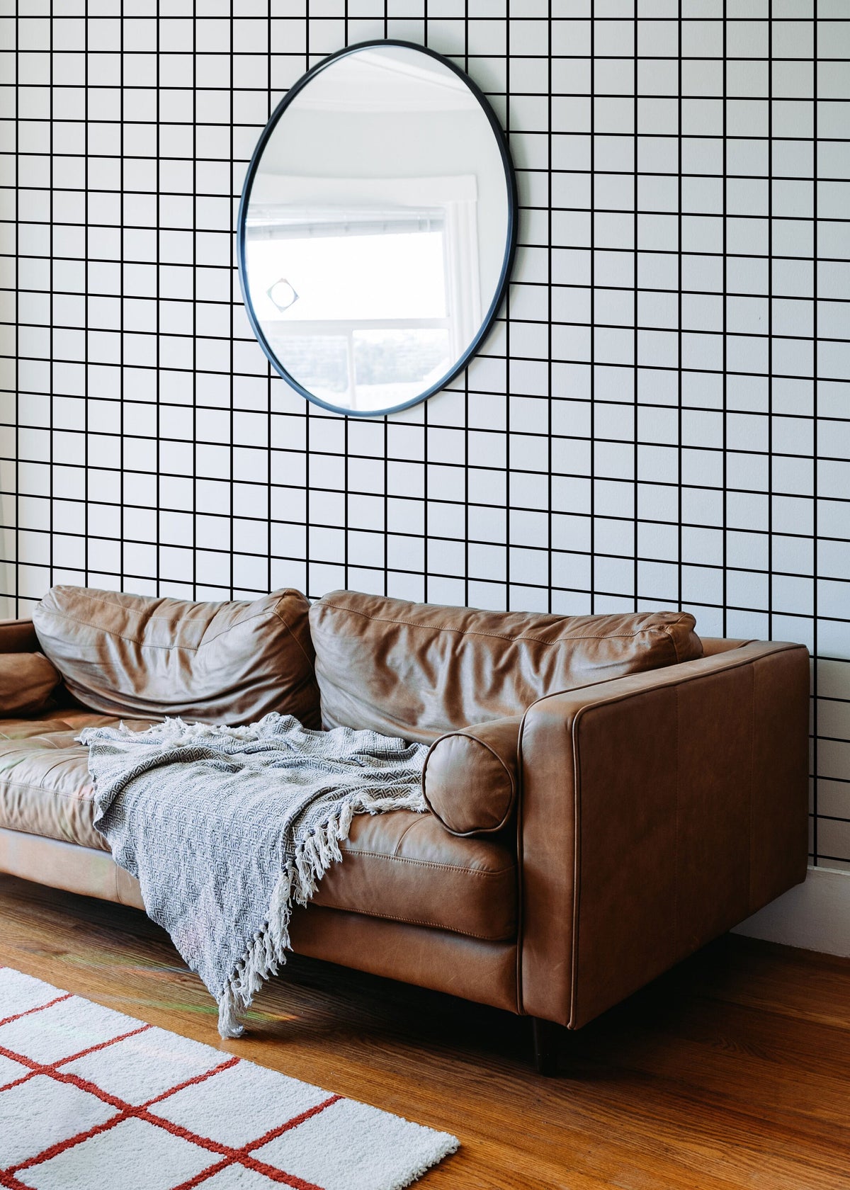 Black and White Grid Wallpaper in a living room