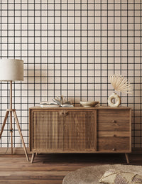 Black and White Grid Wallpaper behind a sideboard