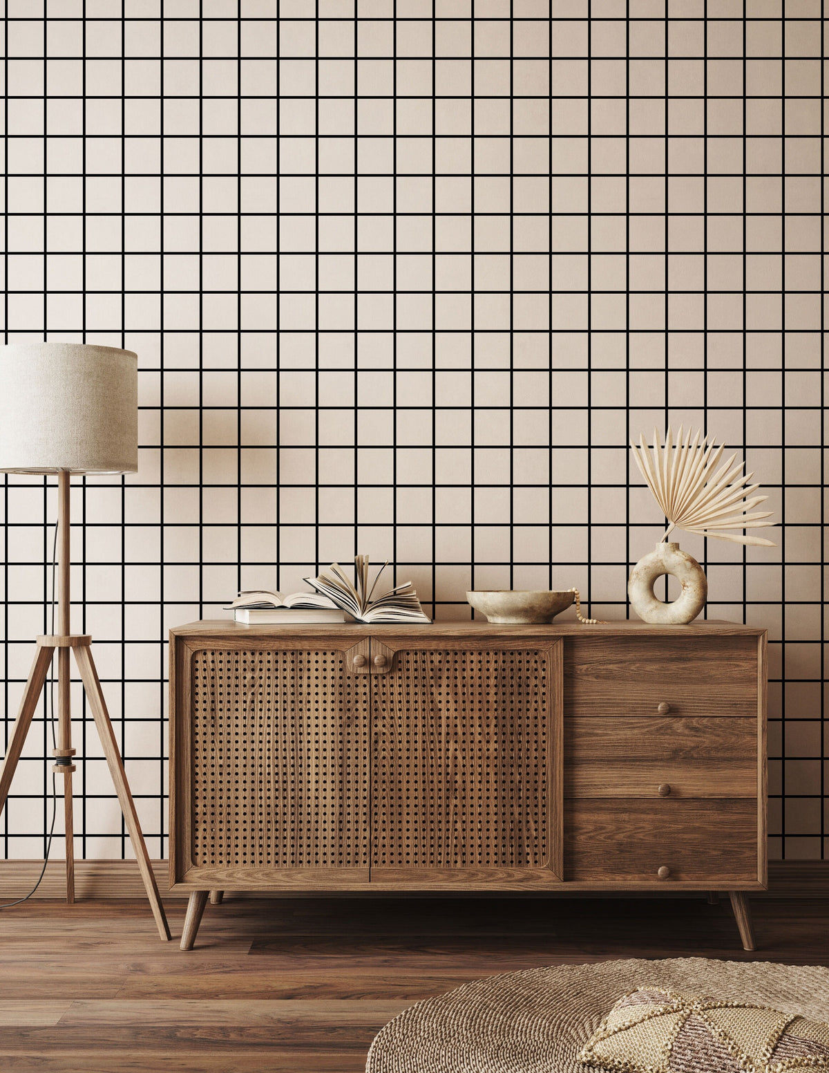 Black and White Grid Wallpaper behind a sideboard